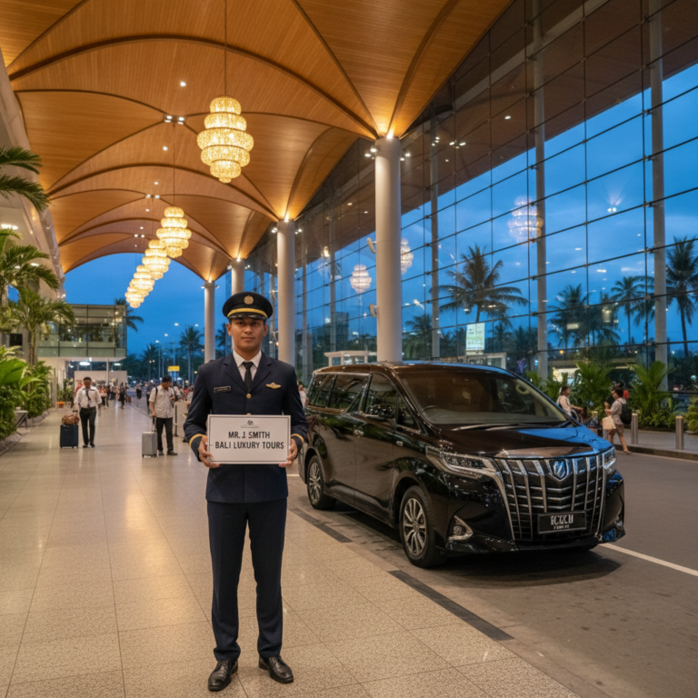 Bali VIP Transfer chauffeur waiting at Ngurah Rai Airport arrivals with luxury vehicle