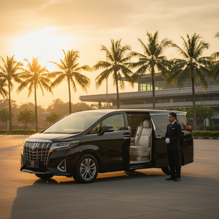 Luxury Toyota Alphard VIP airport transfer in Bali with professional chauffeur at golden hour sunset