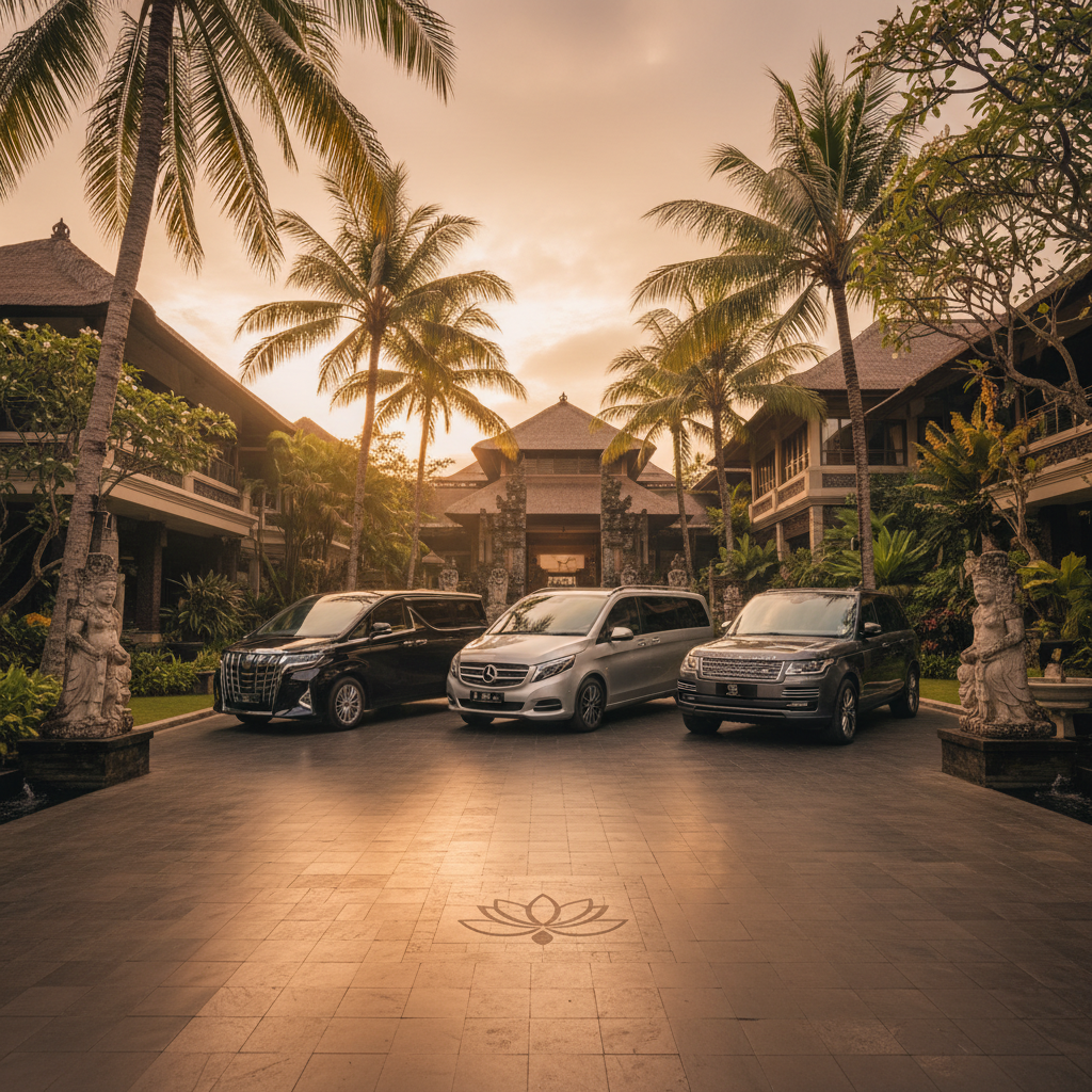 BaliVIPTransfer luxury fleet - Toyota Alphard, Mercedes V-Class, Range Rover at Bali resort