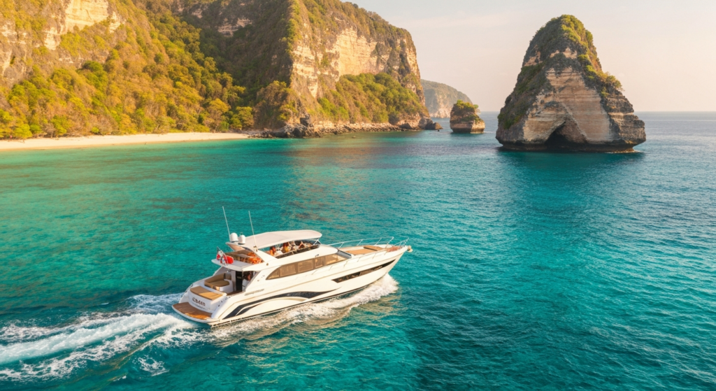 Luxury speedboat approaching Nusa Penida island from Sanur harbor Bali, crystal clear turquoise water, dramatic cliffs i