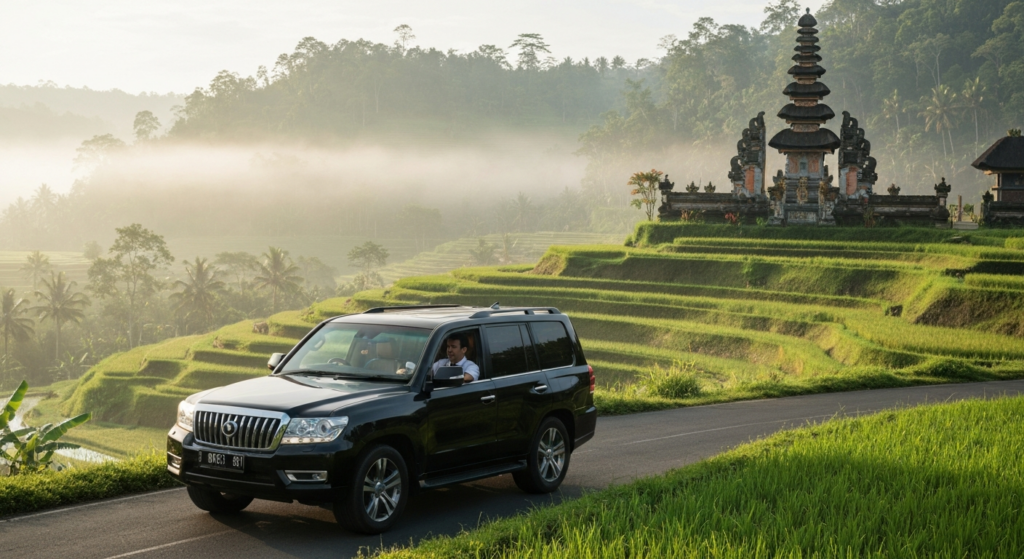 Private chauffeur driving through lush green rice terraces in Ubud Bali, luxury black SUV on scenic road, morning mist,