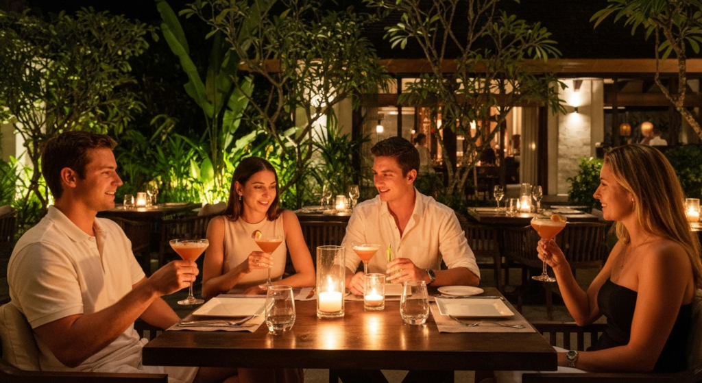 Elegant candlelit dinner at upscale Petitenget restaurant Seminyak Bali, premium cocktails, tropical garden setting, war