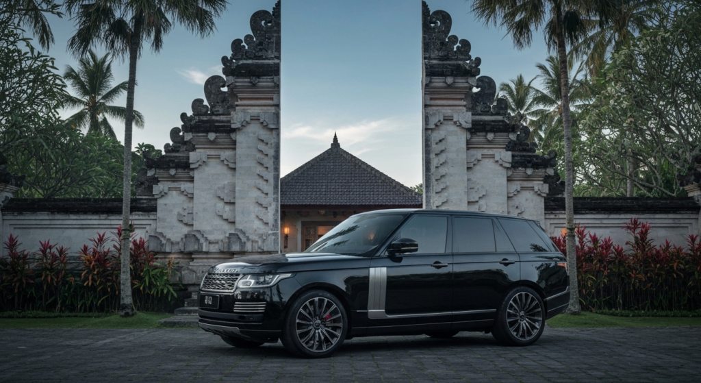Black Range Rover Autobiography parked at luxury Bali villa entrance, Balinese stone gate, tropical flowers, professiona