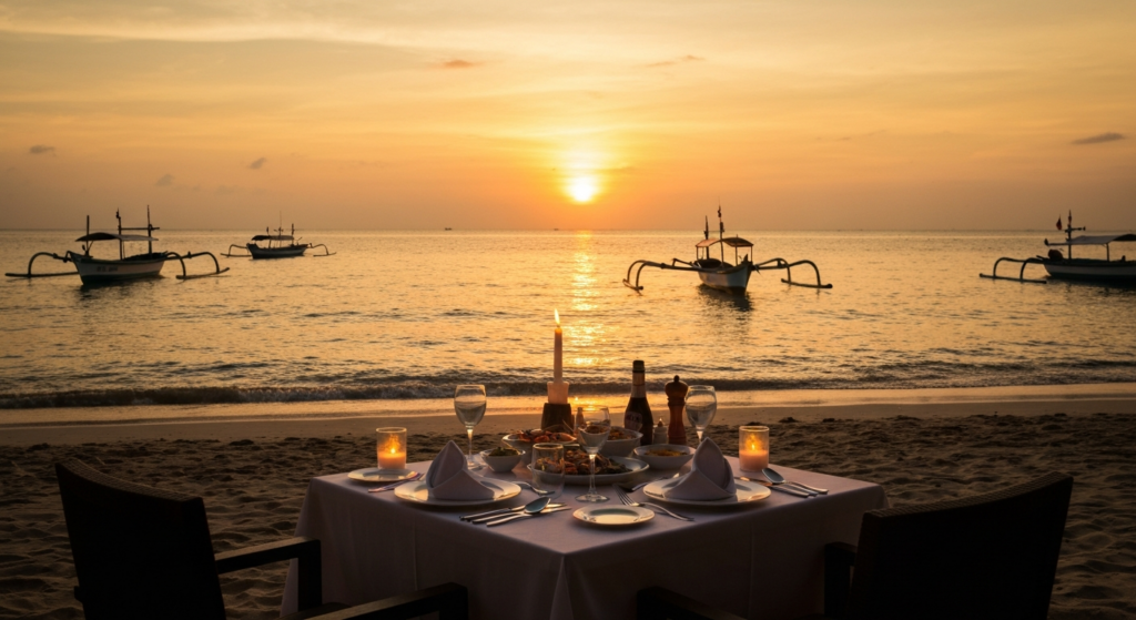 Romantic sunset dinner on Jimbaran Bay beach Bali, seafood on table, golden hour light reflecting on ocean, silhouette o