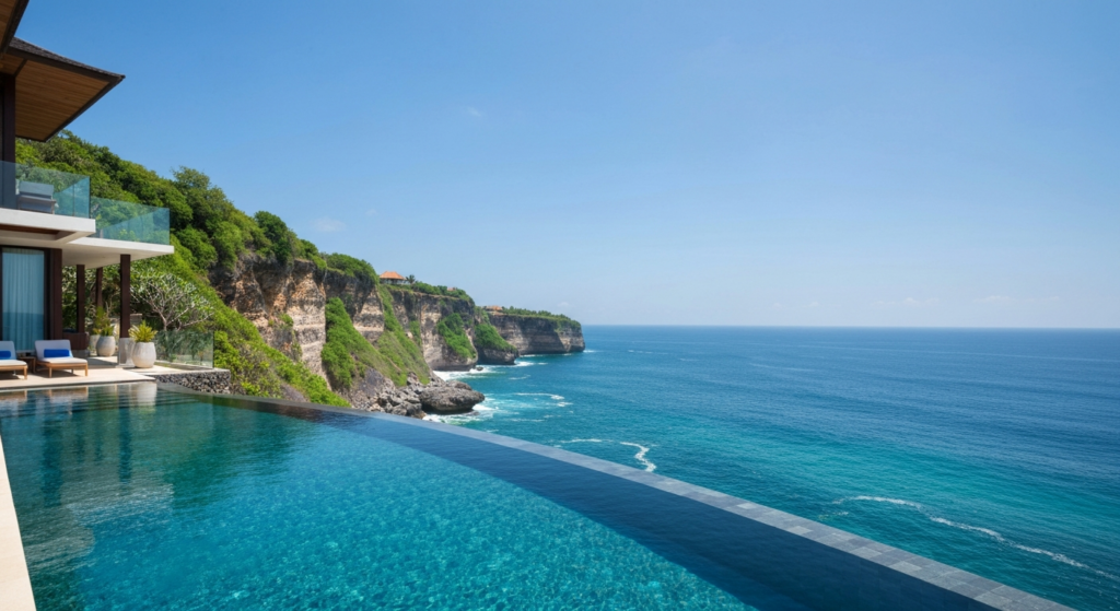 Infinity pool overlooking Indian Ocean from Uluwatu cliff villa Bali, dramatic clifftop view, clear blue sky, luxury res