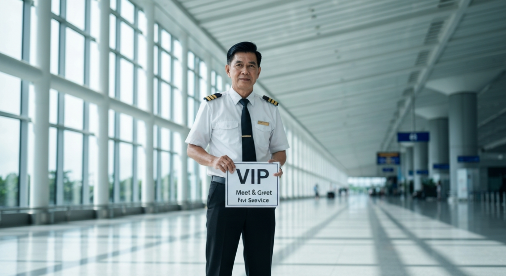 Modern Ngurah Rai International Airport Bali arrivals hall, VIP meet and greet service, professional driver holding name