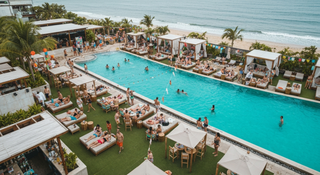 Aerial view of Mrs Sippy Bali pool club with turquoise pool and ocean backdrop, people enjoying luxury poolside, tropica