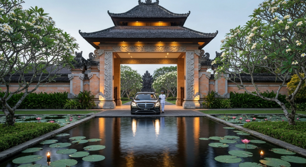 Luxury resort entrance Four Seasons Bali with traditional Balinese architecture, reflecting lotus pond, frangipani trees