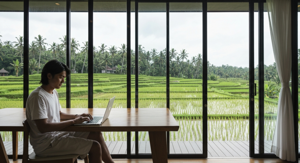 Digital nomad with laptop at premium Bali coworking space overlooking rice fields, modern glass architecture, tropical s