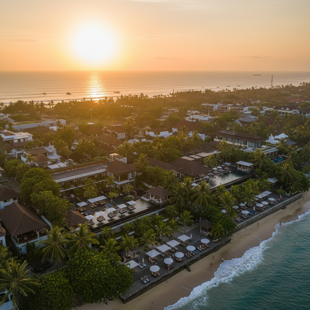 Aerial view of Seminyak luxury district Bali at sunset