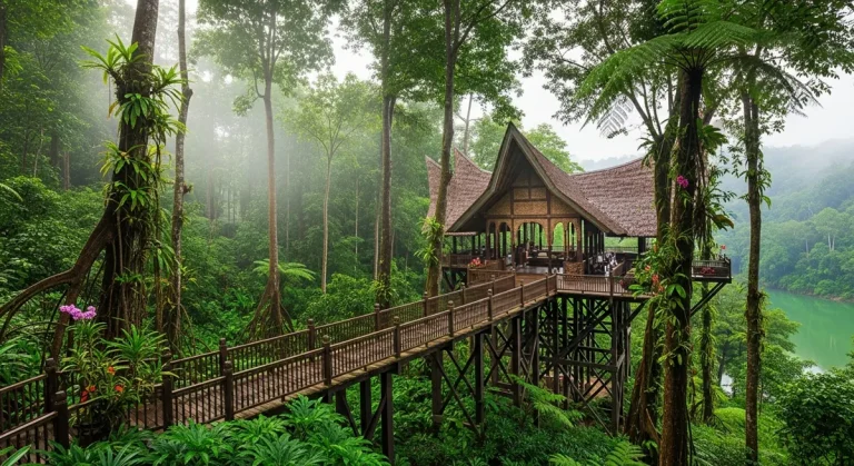 Luxury jungle lodge with canopy walkway in Kalimantan rainforest