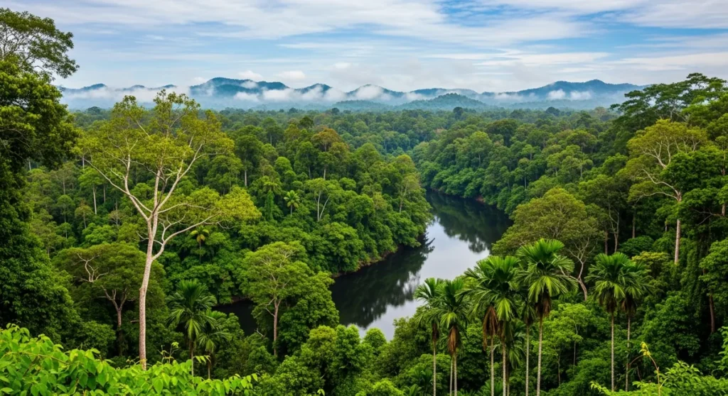Aerial view of Kalimantan rainforest and river