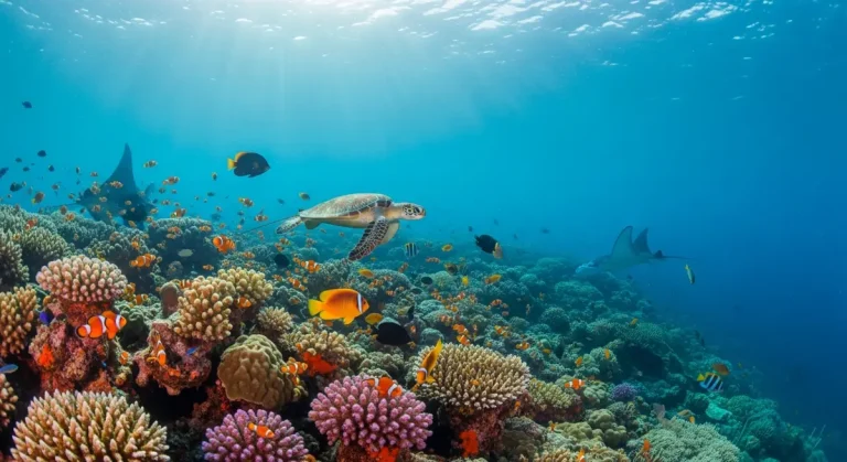 Borneo marine wildlife with sea turtle and manta rays
